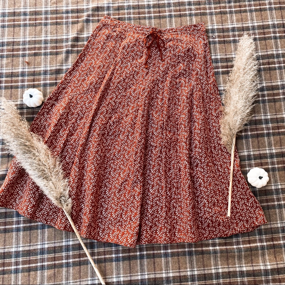Orange and Cream Leaf Print A-Line Midi Skirt